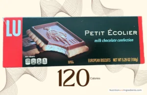 Box of Lu Milk Chocolate Biscuit cookies with text '120 calories'.