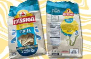 Front and back image of bag of Mission Tortilla Strips.