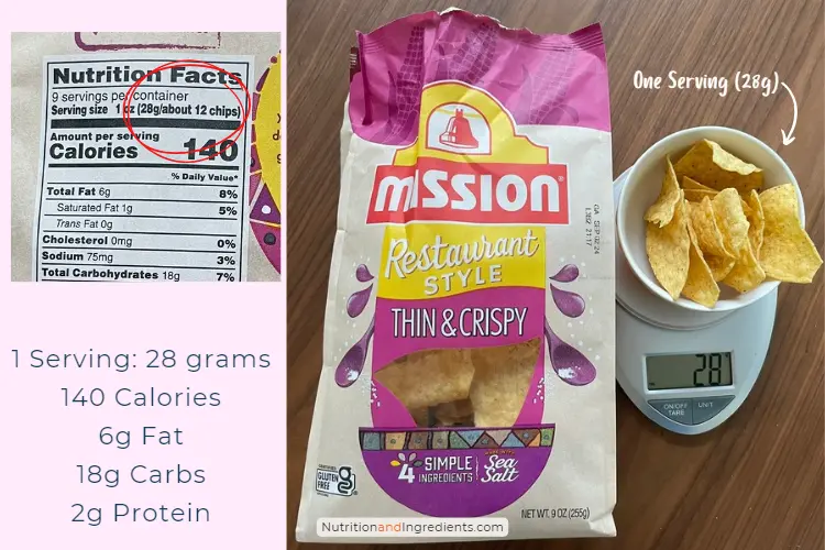 Mission corn chips on scale illustrating one serving size.