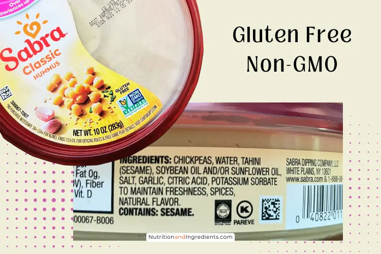 Container of Sabra Hummus with text 'gluten free non-gmo'.