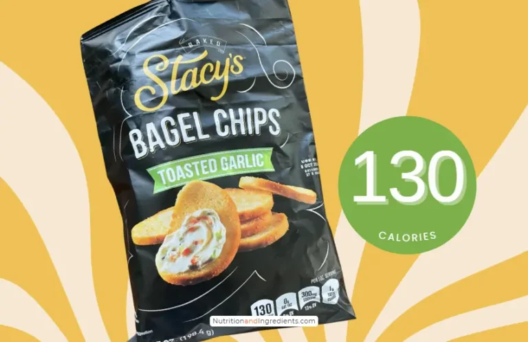 Bag of Toasted Garlic flavored bagel chips with text '130 calories'.