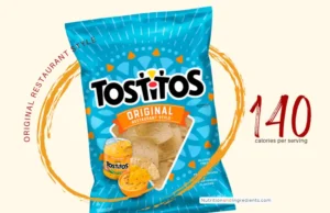 Bag of Tostitos tortilla chips with text '140 calories'.