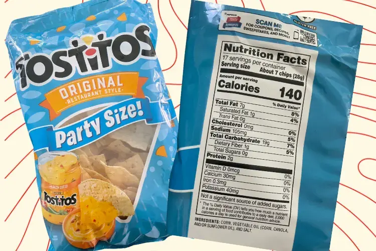 Bag of Tostitos tortilla chips with nutrition facts label.