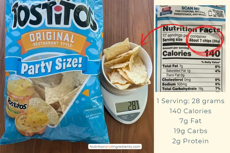 One serving size of tortilla chips in bowl on scale.