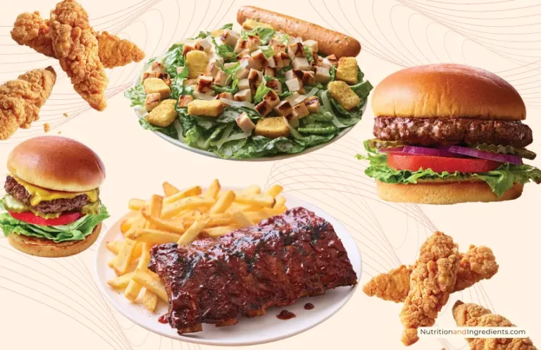 Hamburger, salad, baby back ribs and chicken menu items from Applebee's.