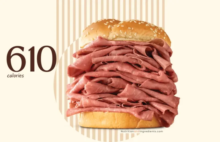 Arby's half-pound roast beef sandwich with text '610 calories.'