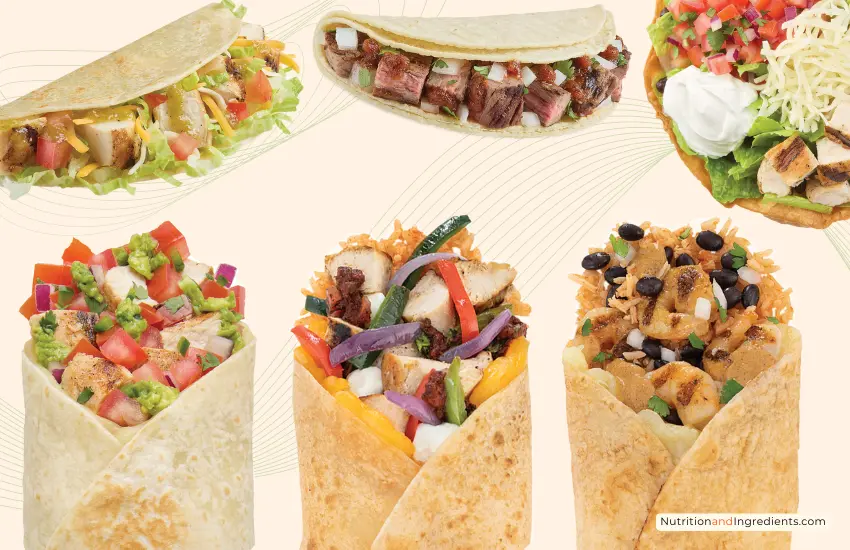 Selection of burritos, tacos, and salad from Baja Fresh Mexican Grill.