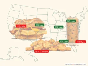 Outline of U.S. map with labels indicating higher and lower prices by state.