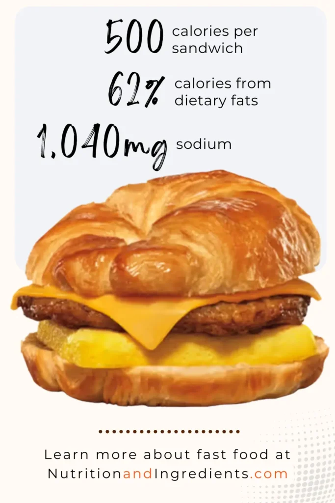 Croissant sandwich with sausage patty, egg, and cheese.