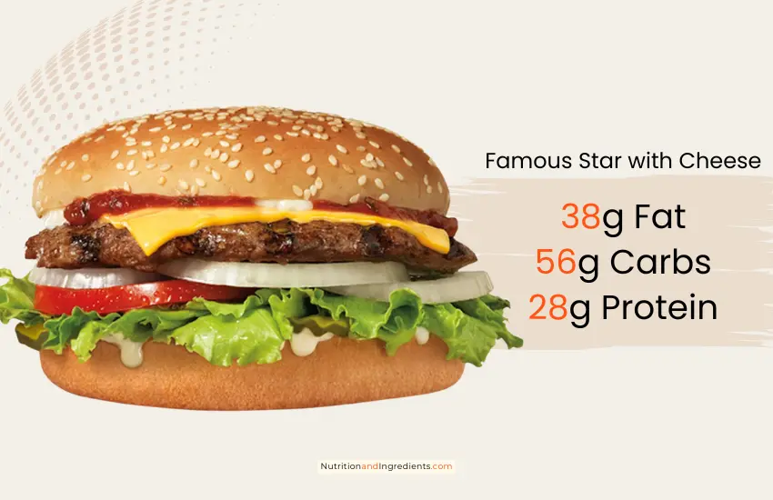 Carl's Jr Famous Star cheeseburger with summary list of nutirents