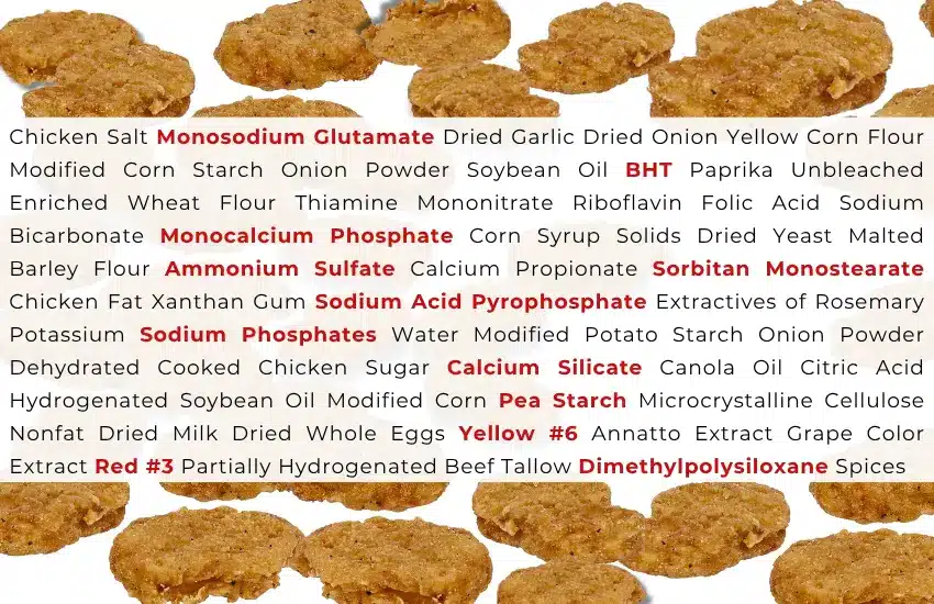 Chicken nugget pieces with text list of ingredients.