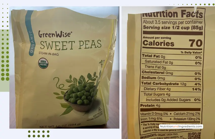 Front and back packaging of GreenWise organic sweet peas.