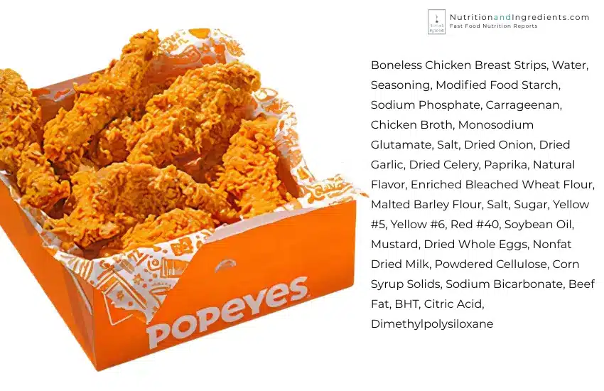 Box of Popeyes chicken tenders and text list of ingredients.
