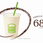 Vanilla shake with straw and text '680 calories.'