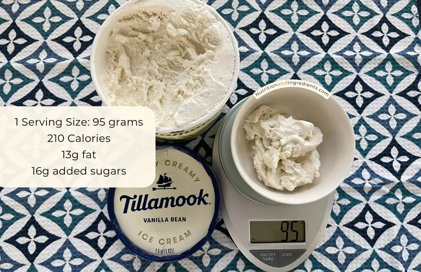 Bowl of ice cream on scale to illustrate 95g serving size.