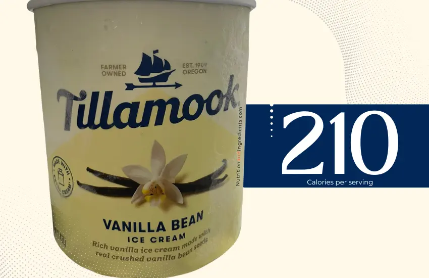 Carton of Tillamook vanilla bean ice cream with text '210 calories'.