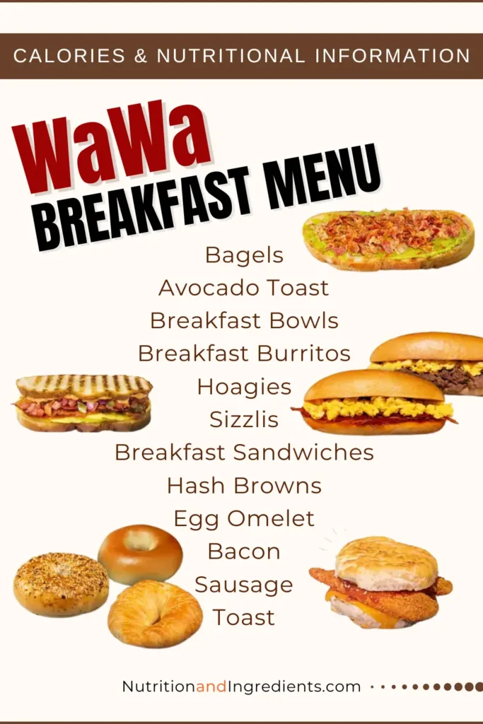 WaWa list of breakfast menu items and images of breakfast sandwiches and bagels.