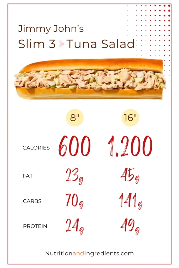 Jimmy John's tuna salad sandwich with nutrition facts by size.