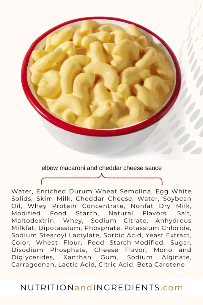 Bowl of KFC Mac & Cheese and list of ingredients.