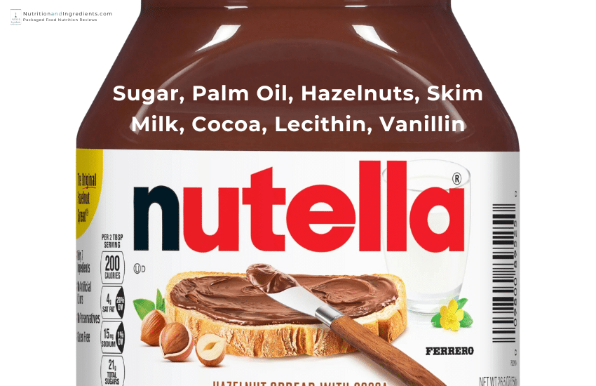 Jar of Nutella with text list of ingredients.