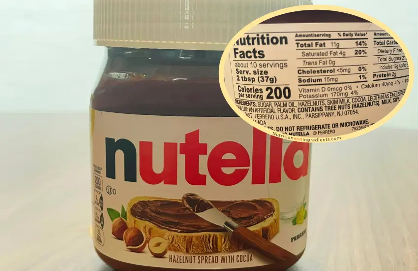 Jar of Nutella and close up of nutrition facts label.