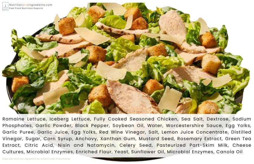 Panera Bread Caesar salad with grilled chicken and text list of ingredients.