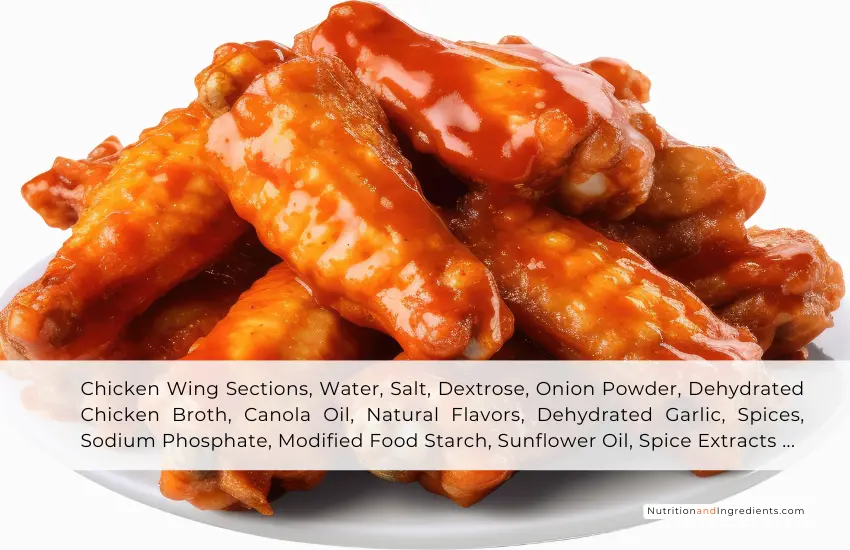 Pile of chicken wings with buffalo sauce and text list of ingredients.