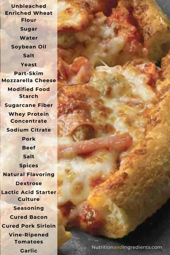 Meat topping pizza with list of ingredients.