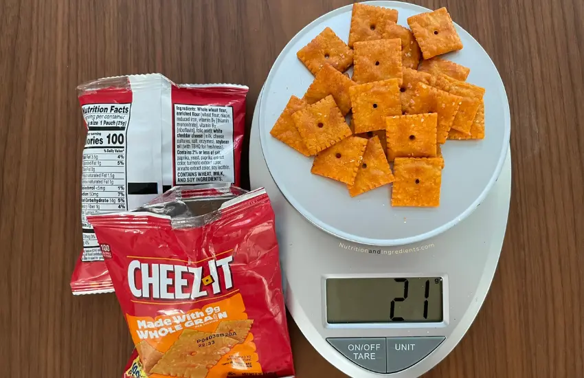 Pile of Cheez-Its on scale to illustrate serving size.