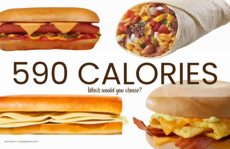 Burrito, hot dog, and sandwiches with text '590 calories.'