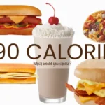 Burrito, milkshake, hot dog, and sandwiches with text '590 calories.'