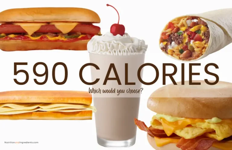 Burrito, milkshake, hot dog, and sandwiches with text '590 calories.'