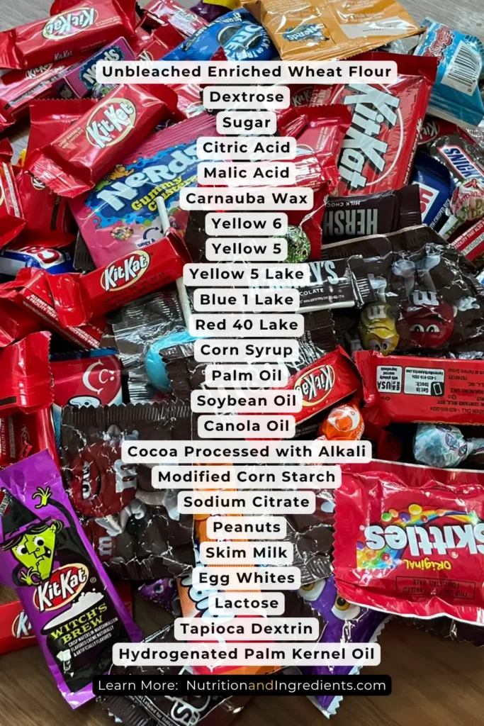 Pile of candy and text listing many of the ingredients.