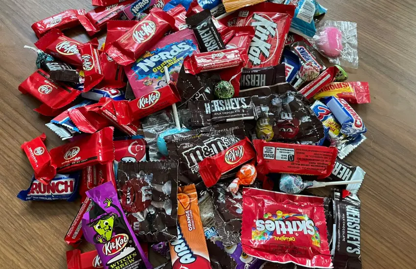 Pile of candy received on Halloween.