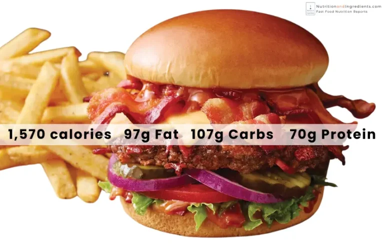 Applebee's Whole Lotta Bacon Burger with a side of french fries.