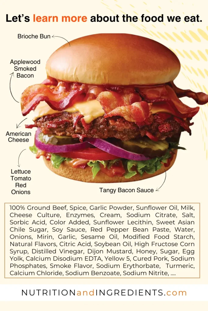 Applebee's bacon cheeseburger with text listing select ingredients.