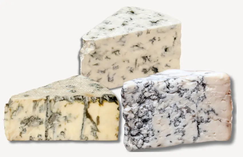 Three different types of blue cheese.