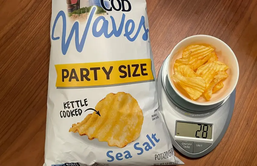 Cape Cod Kettle Chips in bowl on scale to illustrate serving size.