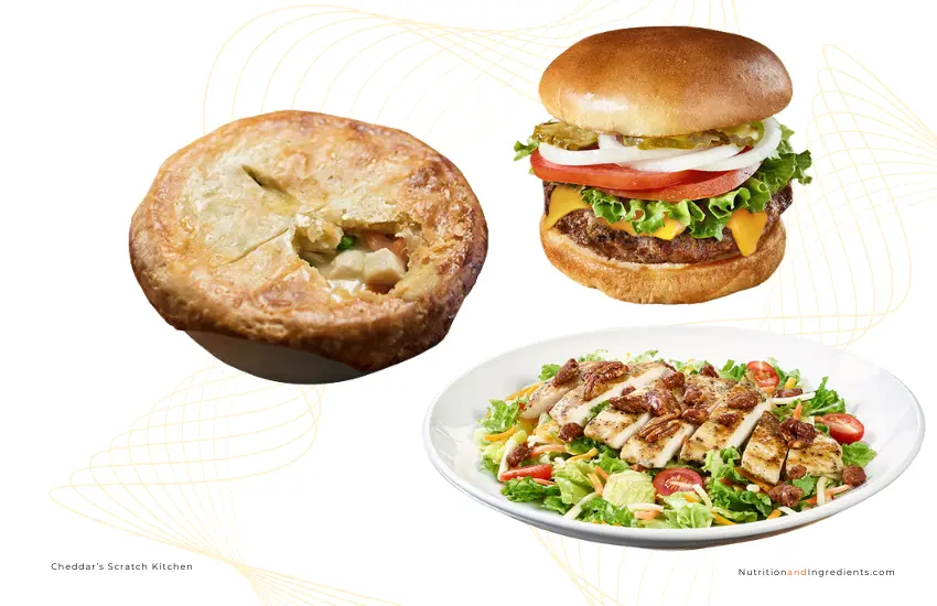 Chicken pot pie, burger, and salad from Cheddar's restaurant.