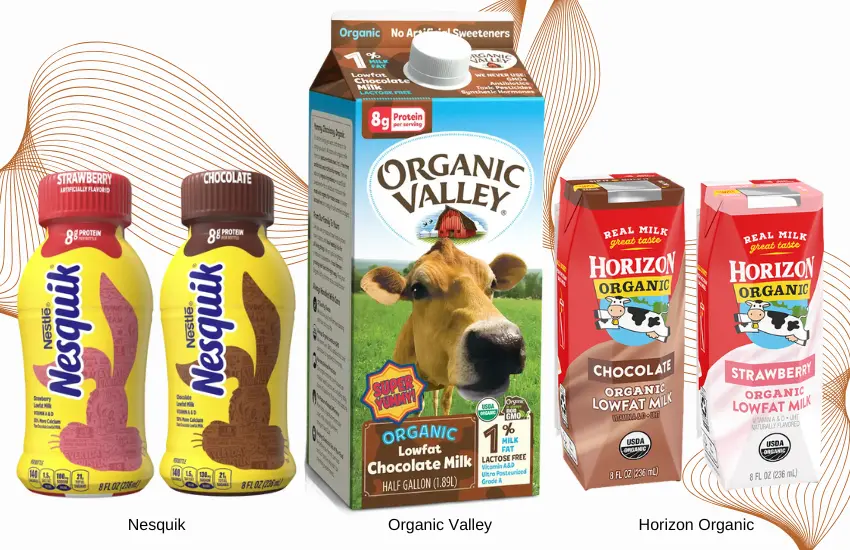 Five cartons of three different brands of flavored milk.