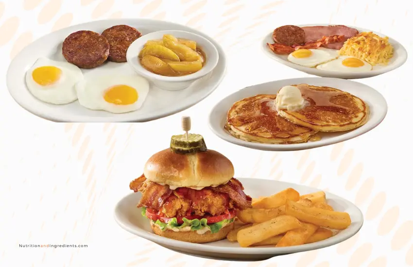 Eggs, pancakes, cheeseburger from Cracker Barrel restaurant.