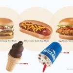 Hamburger, hot dog, chicken sandwich and treats from Dairy Queen.