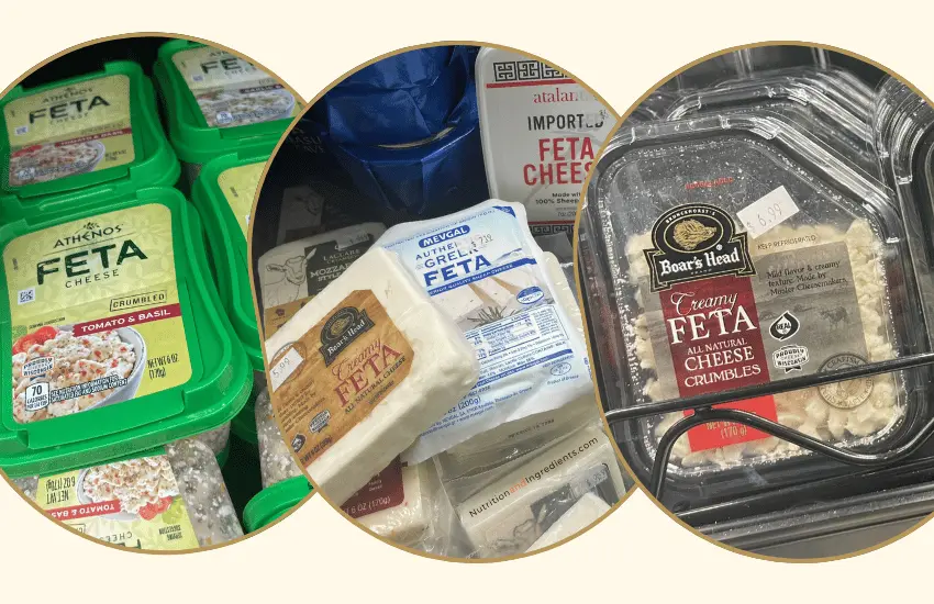 Various brands of feta cheese for sale in grocery store.