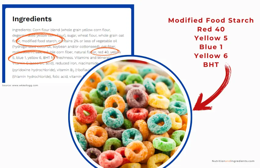 Bowl of Froot Loops with text list of ingredients.