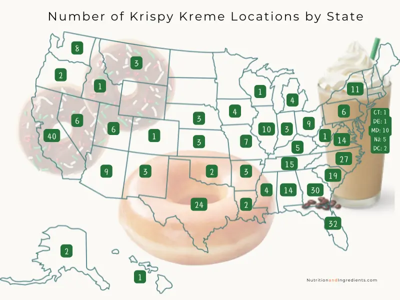 Outline of U.S. map with indicators for number of Krispy Kreme locations by state.