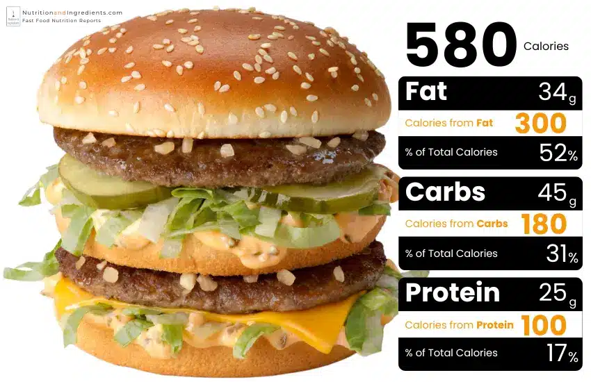 McDonald's Big Mac burger with chart of calories from fat, carbs, protein.