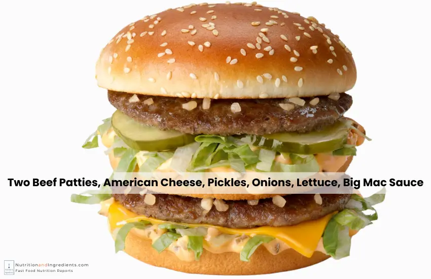 McDonald's Big Mac with text list of what's on the cheeseburger.