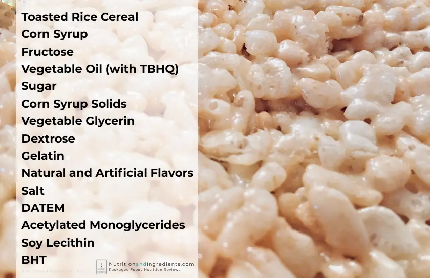 Package of Rice Krispies Treats with text list of ingredients.