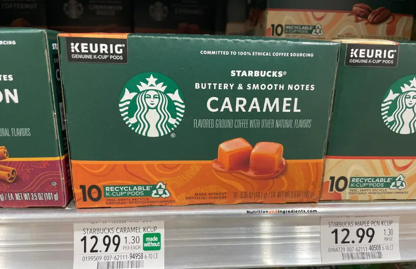 Box of Starbucks caramel coffee pods in store.