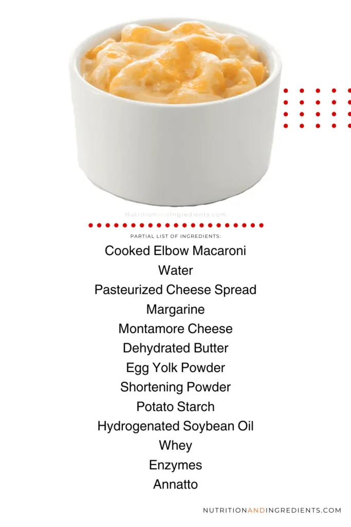 Bowl of mac & cheese from Chick-fil-A with text list of ingredients.